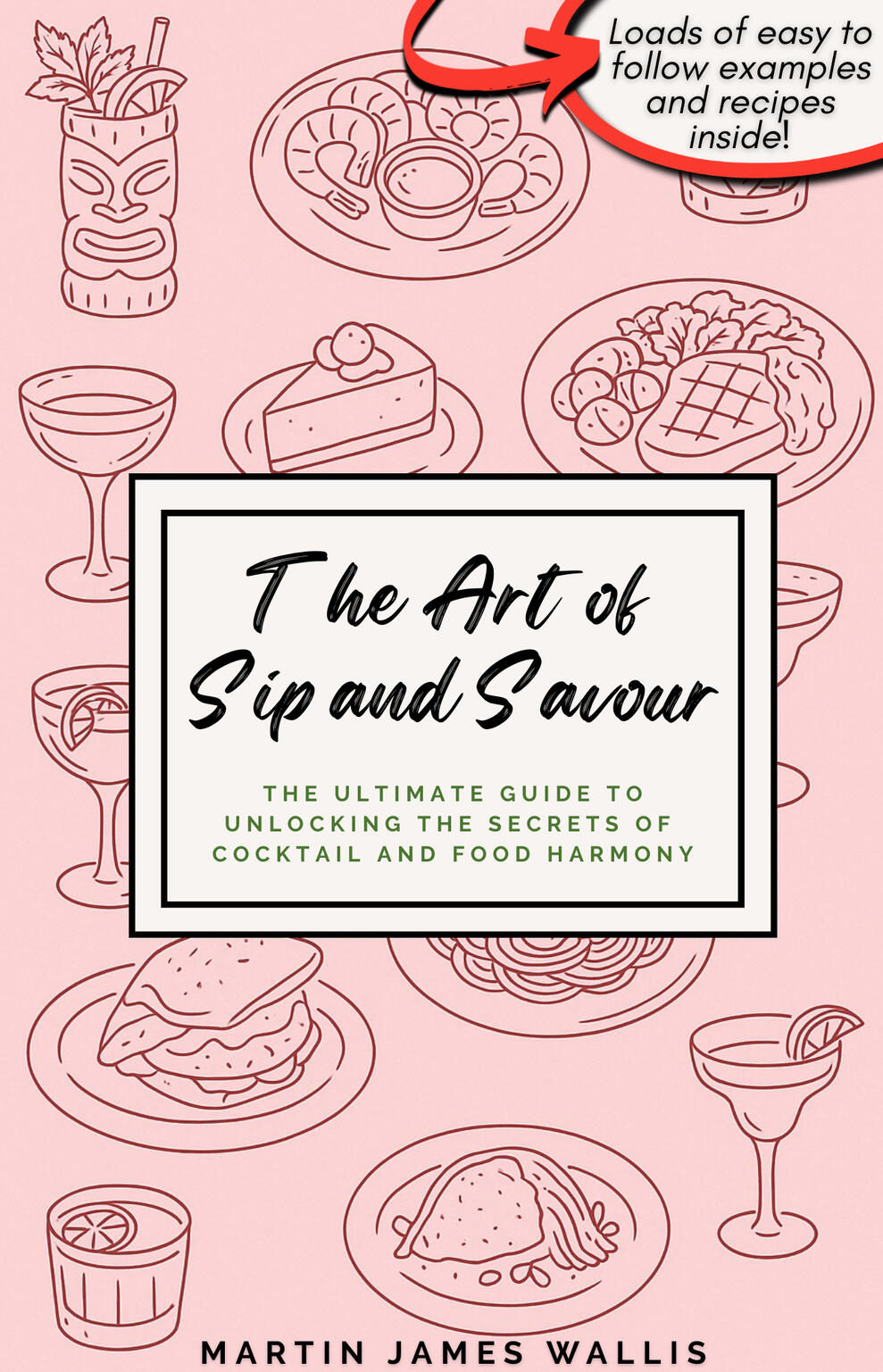 The front book cover of the book, The Art of Sip and Savour: The Ultimate Guide to Unlocking the Secrets of Cocktail and Food Harmony